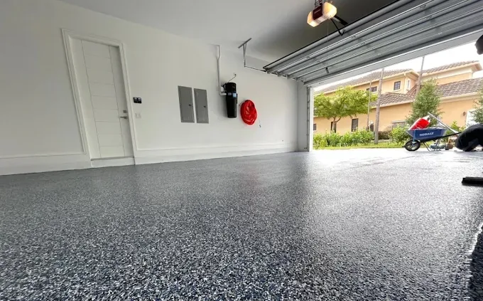 Garage floor with speckled epoxy coating